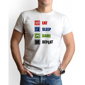 Tricou barbat personalizat, "Eat, sleep, game, repeat", bumbac, Oktane, alb